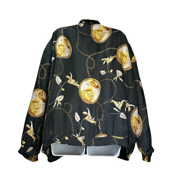 A.M. Studio Silk Bomber Jacket Black Gold Lion Print Chain Baroque Size 3X - Picture 2 of 5